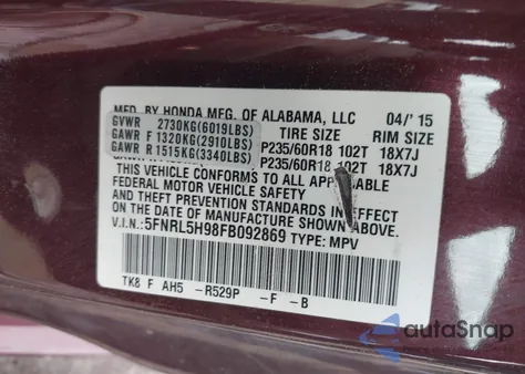 2015 Honda Odyssey Touring/Touring Elite z USA, uszkodzony, nr VIN 5FNRL5H98FB092869